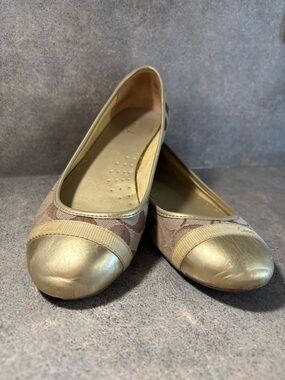 Coach Gold Metallic Cap Toe Beige Signature Ballet Flats